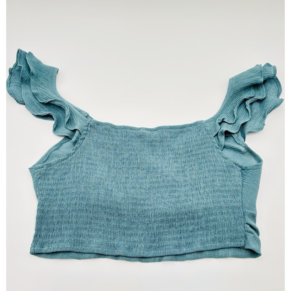 Mine Teal Ruffle Strap Crop Top M Smocked Back Boho Cottagecore Beachy Bralette - Picture 5 of 8